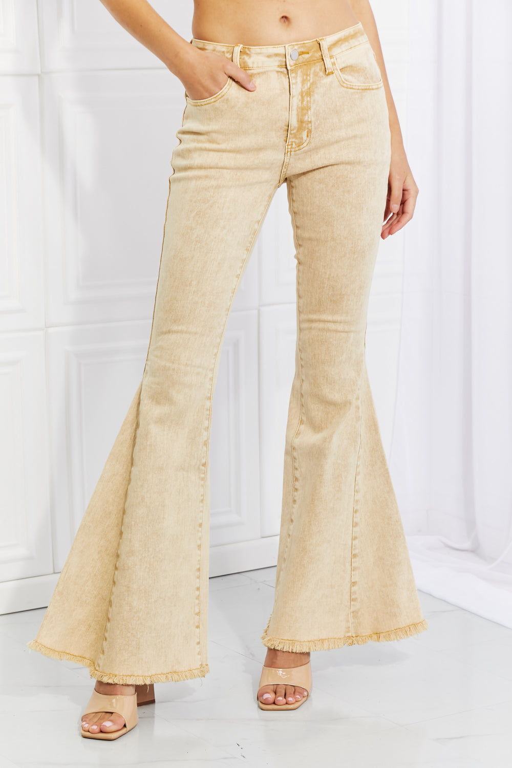 PASTEL YELLOW - Color Theory Flip Side Fray Hem Bell Bottom Jeans in Yellow - Ships from The US - womens jeans at TFC&H Co.