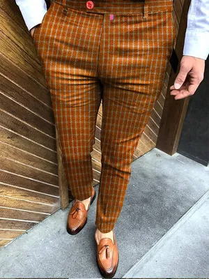 Basic Mid-Waist Plaid Color Blocking Straight Men's Suit Pants