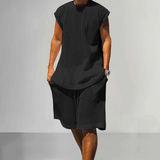 Black - Casual Solid Color Stripe Sleeveless Round Neck Top and Shorts Men's Outfit Set - mens short set at TFC&H Co.