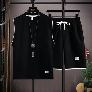 Black - Men Fashion Casual Sport Solid Color Sleeveless Tank Top Shorts Outfit Set - mens short set at TFC&H Co.