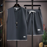 Grey - Men Fashion Casual Sport Solid Color Sleeveless Tank Top Shorts Outfit Set - mens short set at TFC&H Co.