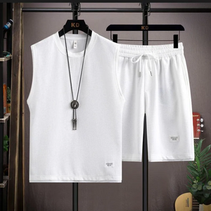 White - Men Fashion Casual Sport Solid Color Sleeveless Tank Top Shorts Outfit Set - mens short set at TFC&H Co.