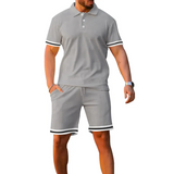Grey - Stripe Short Sleeve Lapel Men's POLO Shirt and Shorts Outfit Set - mens short set at TFC&H Co.