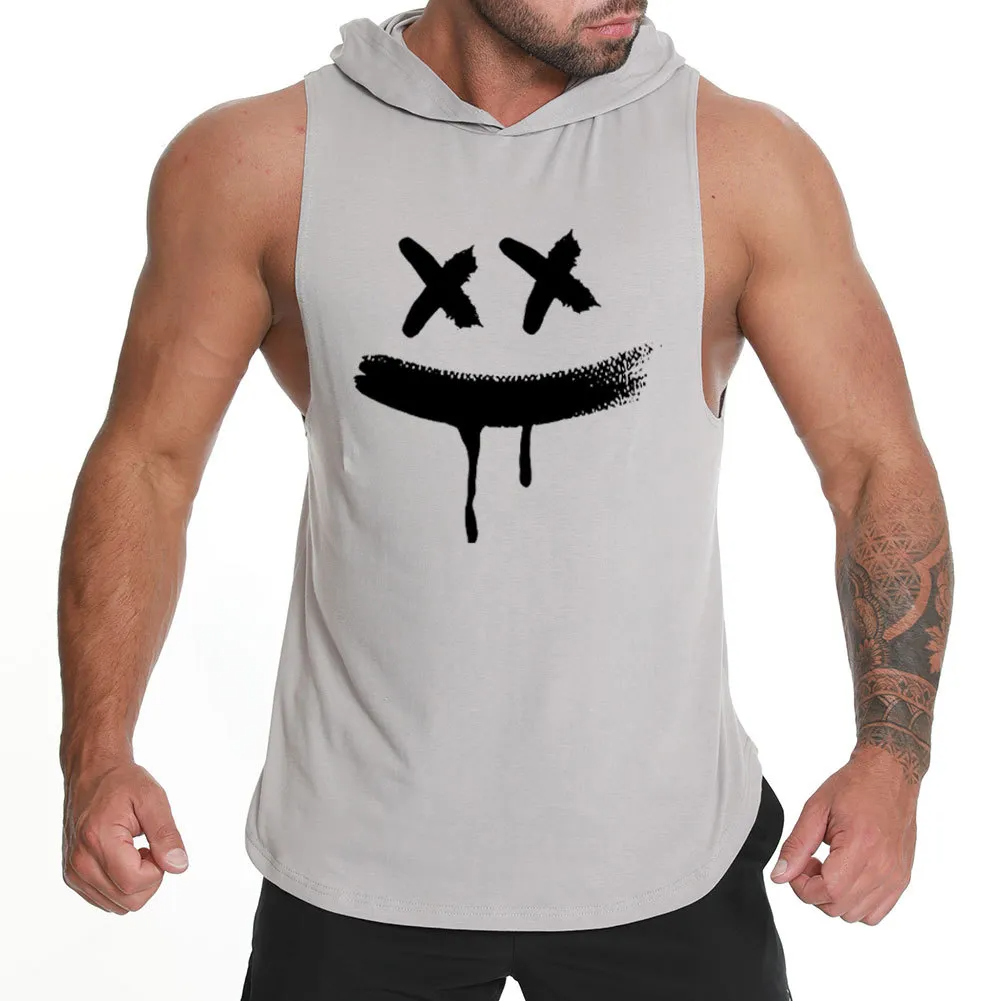 Grey - Men Fashion Smiley Print Loose Hooded Sports Vest - mens tank top at TFC&H Co.