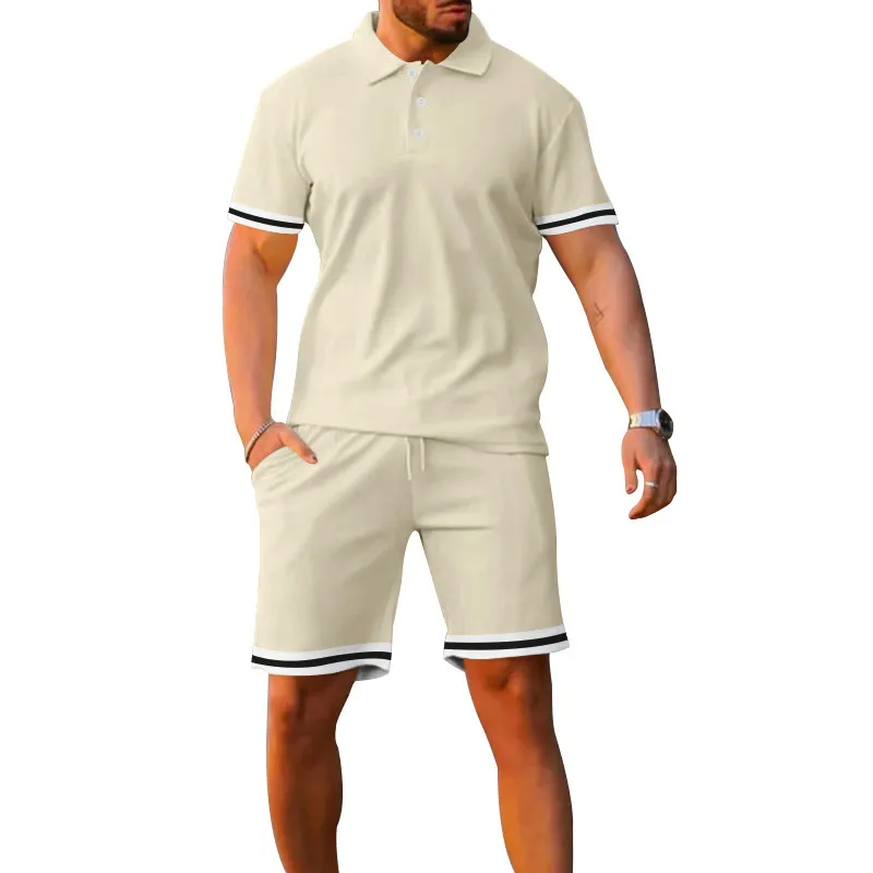 Khaki - Stripe Short Sleeve Lapel Men's POLO Shirt and Shorts Outfit Set - mens short set at TFC&H Co.