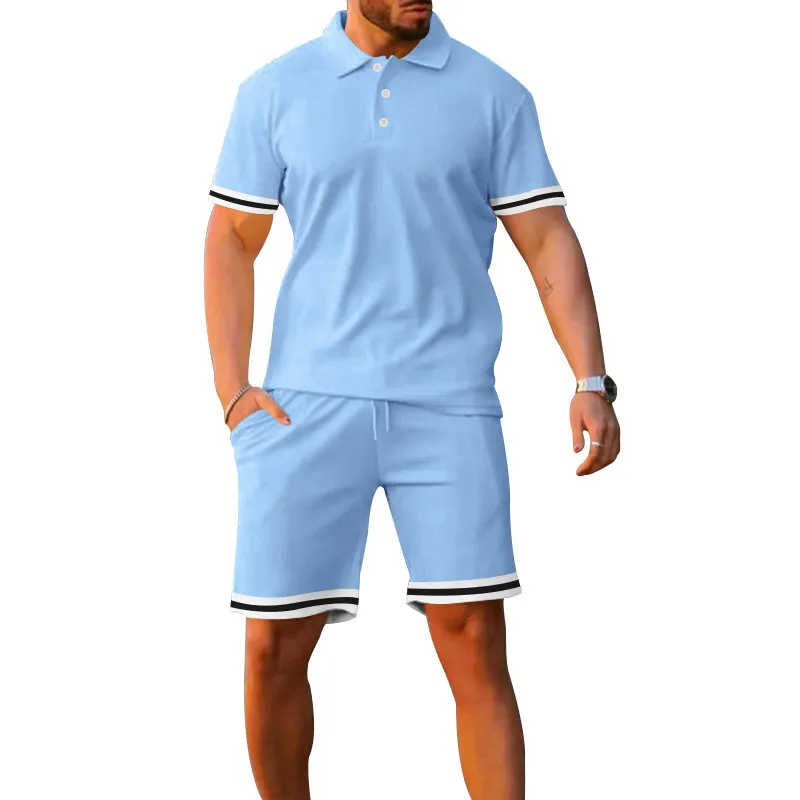 Light Blue - Stripe Short Sleeve Lapel Men's POLO Shirt and Shorts Outfit Set - mens short set at TFC&H Co.