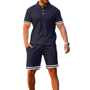 Navy - Stripe Short Sleeve Lapel Men's POLO Shirt and Shorts Outfit Set - mens short set at TFC&H Co.