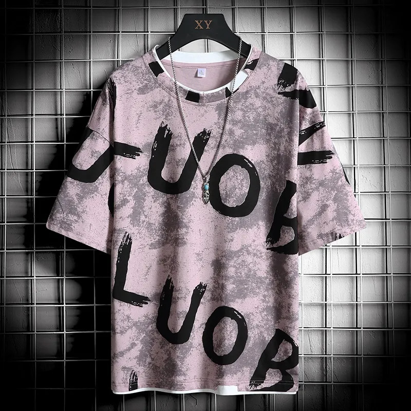 Pink TC309 - Casual Short Sleeve Round Neck Letter Printed Loose Men's T-Shirt - Mens T-Shirts at TFC&H Co.