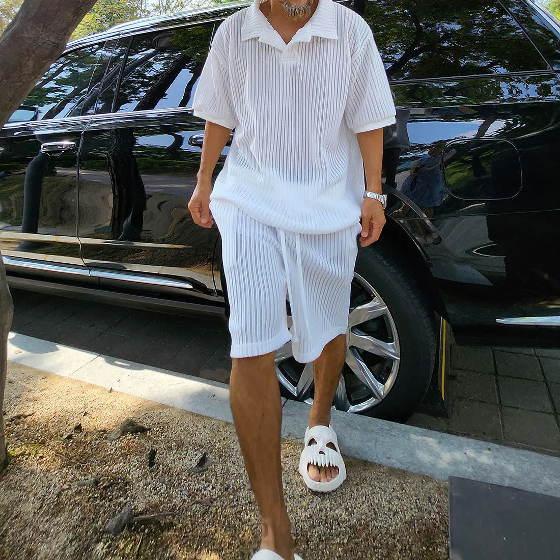 White - Men Fashion Casual Solid Color Short Sleeve Lapel Shirt Shorts Outfit Set - mens short set at TFC&H Co.