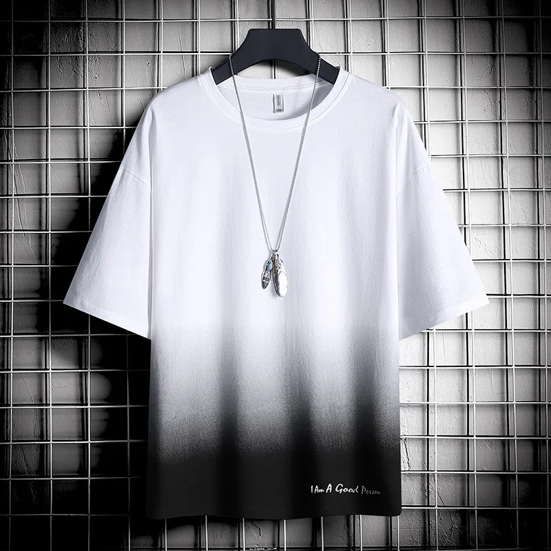 White Black - Gradient Color Block Loose Round Neck Short Sleeve Men's T-Shirt - Mens T-Shirts at TFC&H Co.