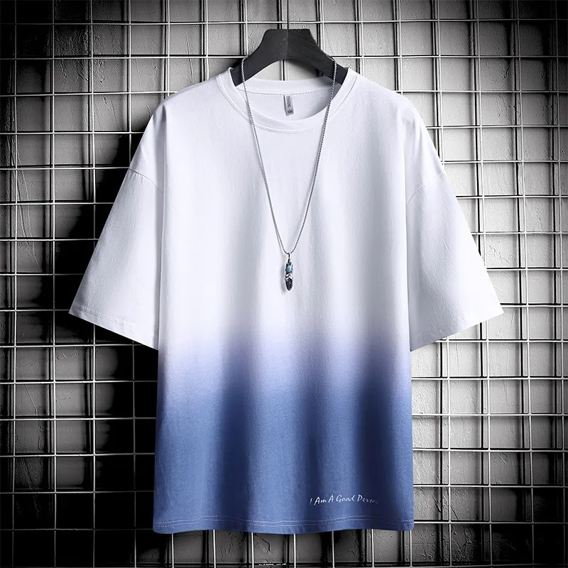 White Blue - Gradient Color Block Loose Round Neck Short Sleeve Men's T-Shirt - Mens T-Shirts at TFC&H Co.