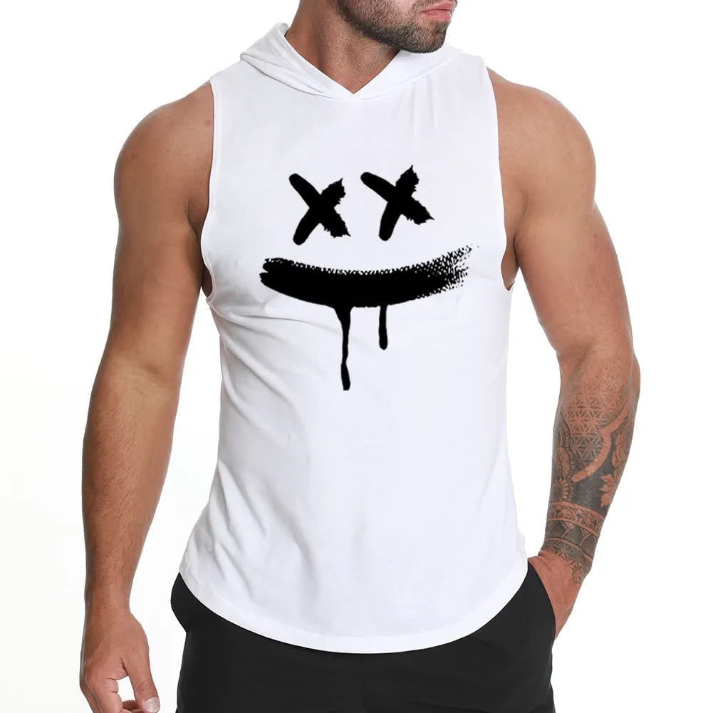 White - Men Fashion Smiley Print Loose Hooded Sports Vest - mens tank top at TFC&H Co.