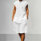 White - Casual Solid Color Stripe Sleeveless Round Neck Top and Shorts Men's Outfit Set - mens short set at TFC&H Co.