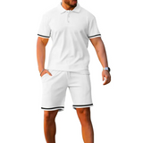 White - Stripe Short Sleeve Lapel Men's POLO Shirt and Shorts Outfit Set - mens short set at TFC&H Co.