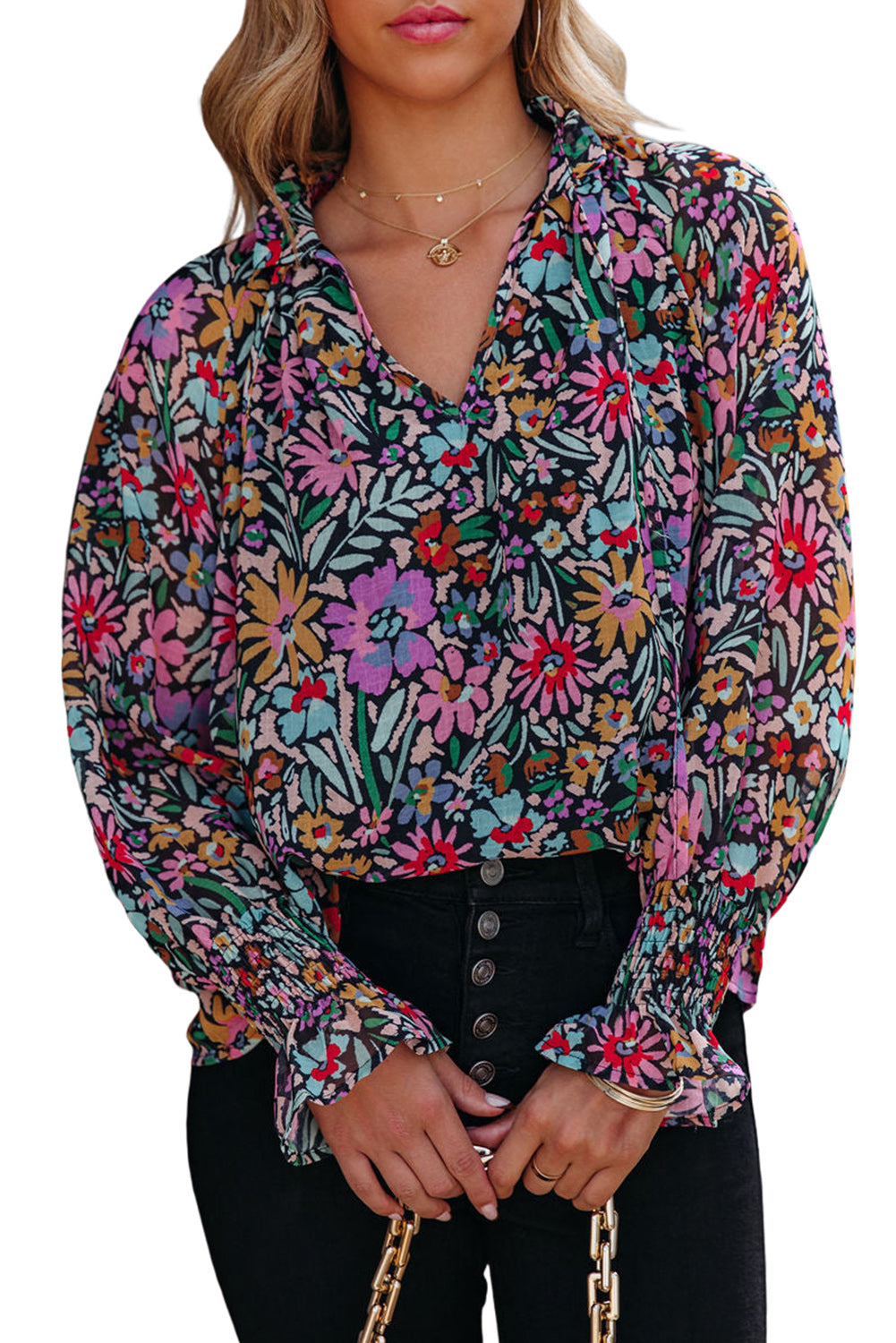 - Multicolor Floral Print Ruffled Long Sleeve V-Neck Blouse - womens blouse at TFC&H Co.