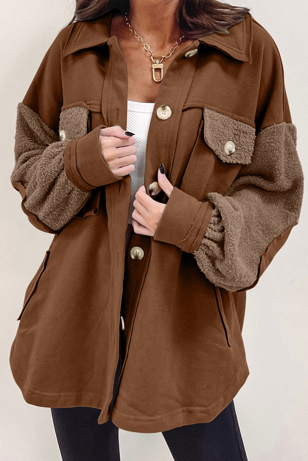 Chestnut 50%Polyester+50%Cotton - Exposed Seam Elbow Patch Oversized Shacket in Peach Blossom, Sage, or Chestnut - womens shacket at TFC&H Co.