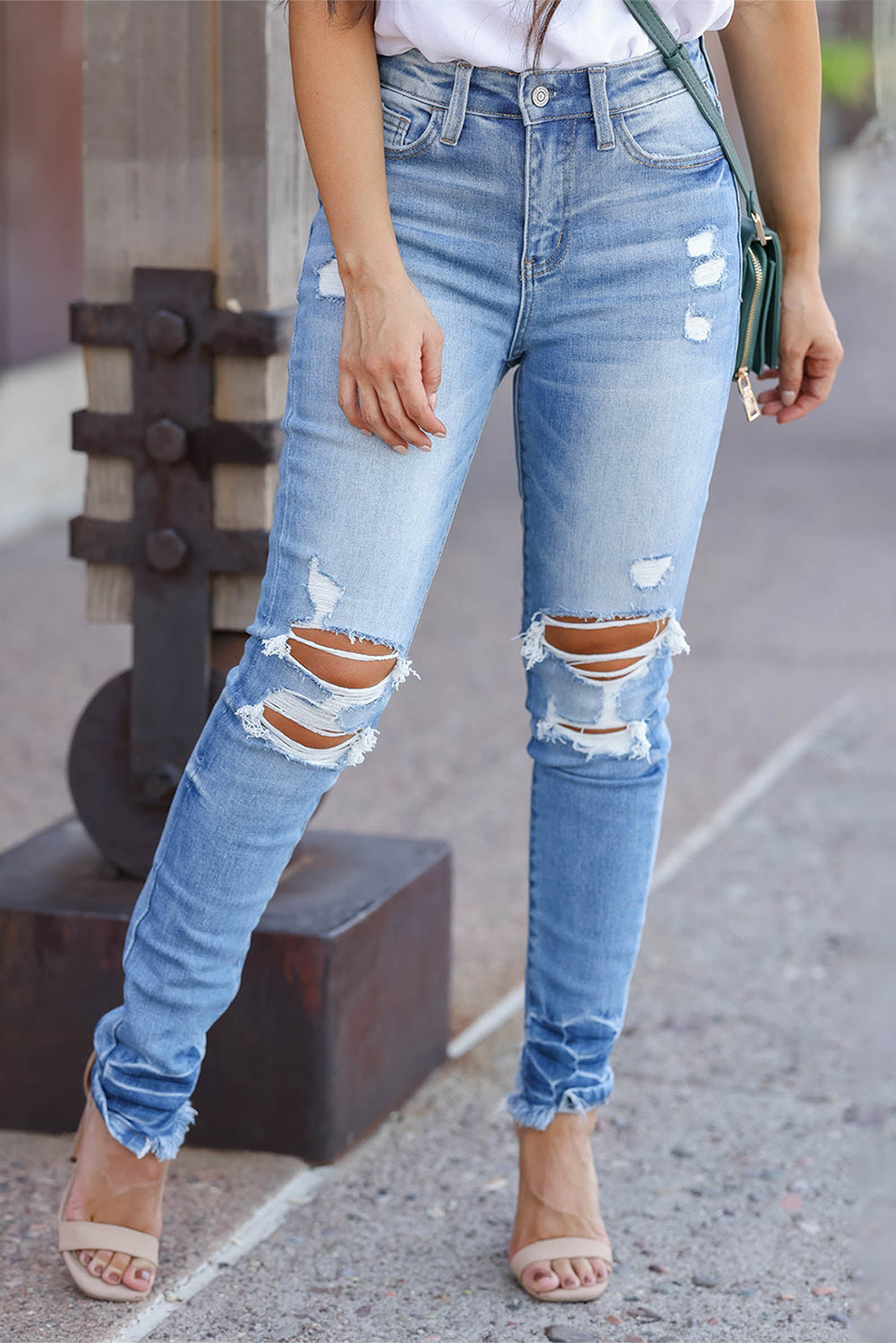 Light Blue 71%Cotton+27.5%Polyester+1.5%Elastane - Light Blue Vintage Distressed Ripped Skinny Jeans - women's jeans at TFC&H Co.