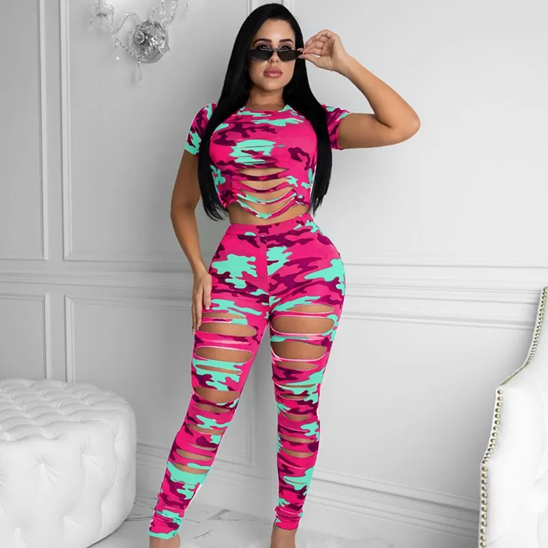 Ripped Camouflage Casual Women's Sports Two-Piece Set
