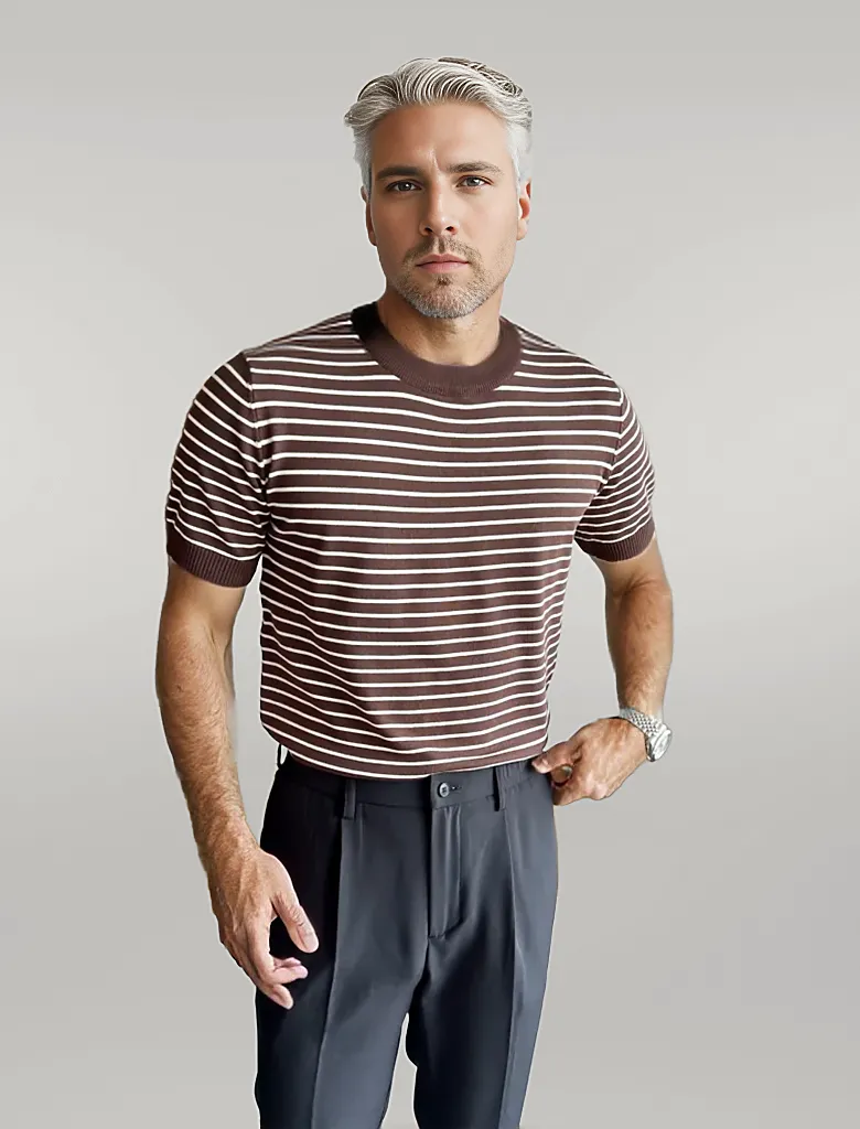 Coffee - Men Fashion Casual Retro Stripe Short Sleeve Round Neck Knitted T-Shirt - mens t-shirt at TFC&H Co.