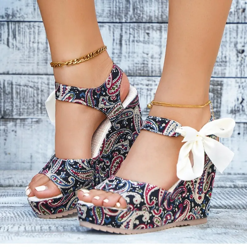 - Paisley Floral Print Bow Strap Platform Wedge Sandals - womens sandals at TFC&H Co.