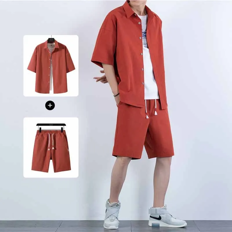 Short Sleeve Lapel Shirt Shorts Outfit Set for Men