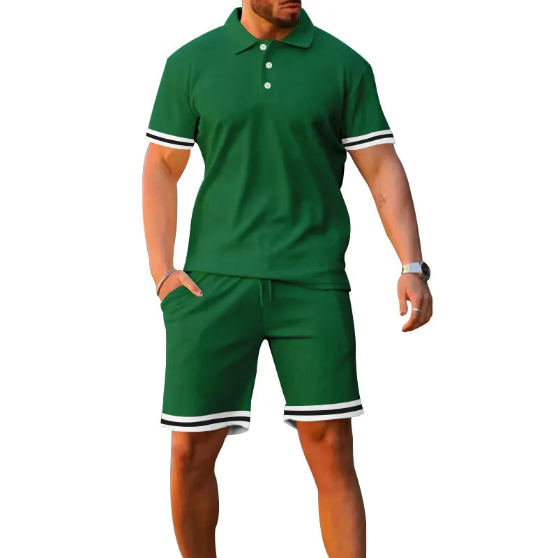 Green - Stripe Short Sleeve Lapel Men's POLO Shirt and Shorts Outfit Set - mens short set at TFC&H Co.
