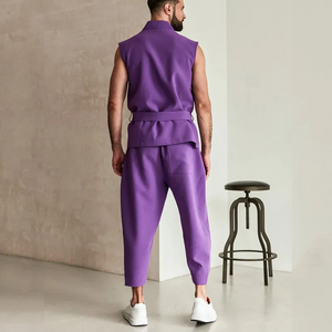 - Men Fashion Casual Solid Color Belted Sleeveless Top Pants Outfit Set - mens pants set at TFC&H Co.