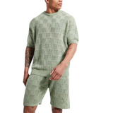 Green - Men Fashion Casual Solid Color Hollow Short Sleeve Round Neck Top Shorts Outfit Set - mens short set at TFC&H Co.