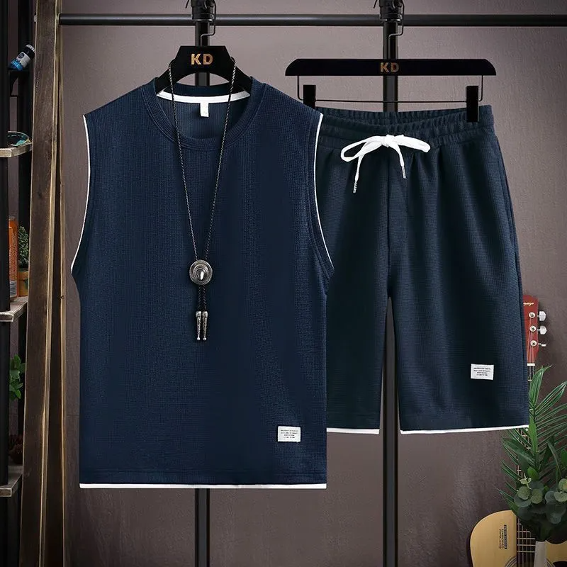 Navy - Men Fashion Casual Sport Solid Color Sleeveless Tank Top Shorts Outfit Set - mens short set at TFC&H Co.