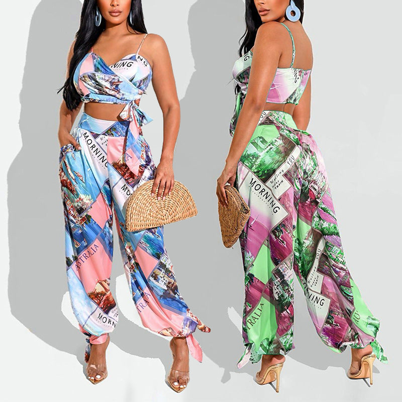 Women's Printed Chest Wrap and Harem Pants Outfit Set