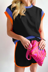 Black - Color Block Loose Fit Top and Elastic Waist Shorts Outfit Set for Teens and Women - teens shorts Set at TFC&H Co.