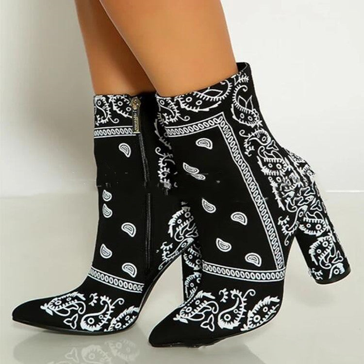 Black - Women's Fashion Chunky Heel Paisley Ankle Boots - womens ankle boots at TFC&H Co.