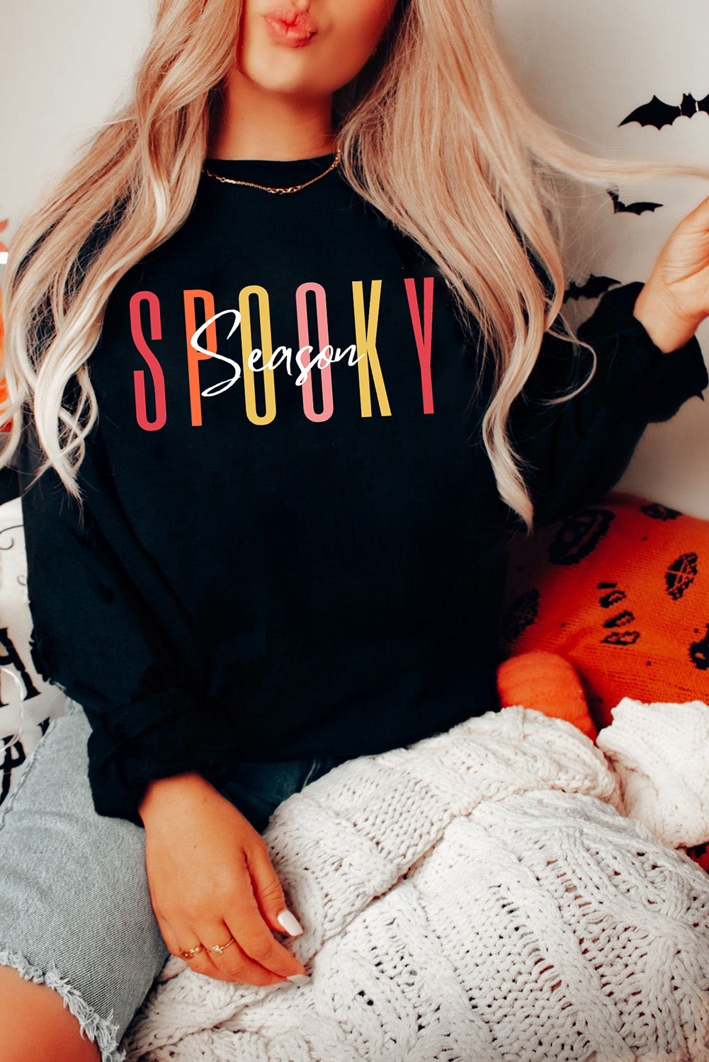 Black 70%Polyester+30%Cotton - Spooky Season Halloween Fashion Graphic Sweatshirt - womens sweatshirt at TFC&H Co.