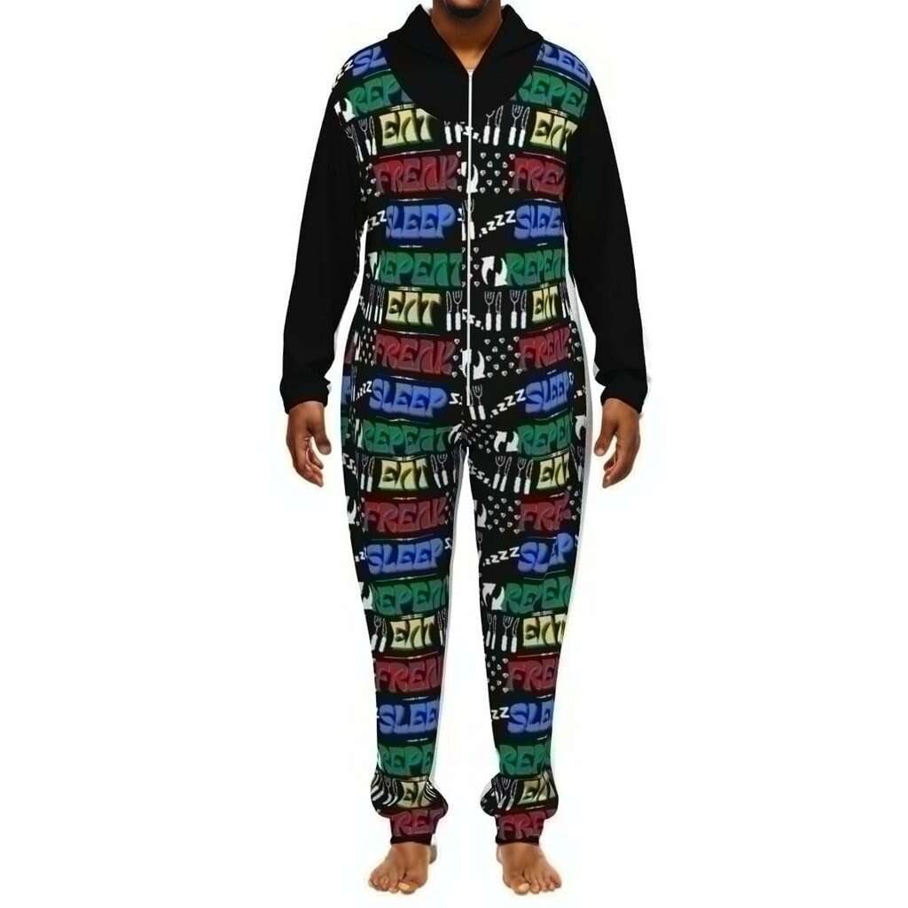 BLACK - "Eat Freak Sleep Repeat" Unisex Thickened Home Jumpsuit - unisex pajama jumpsuit at TFC&H Co.