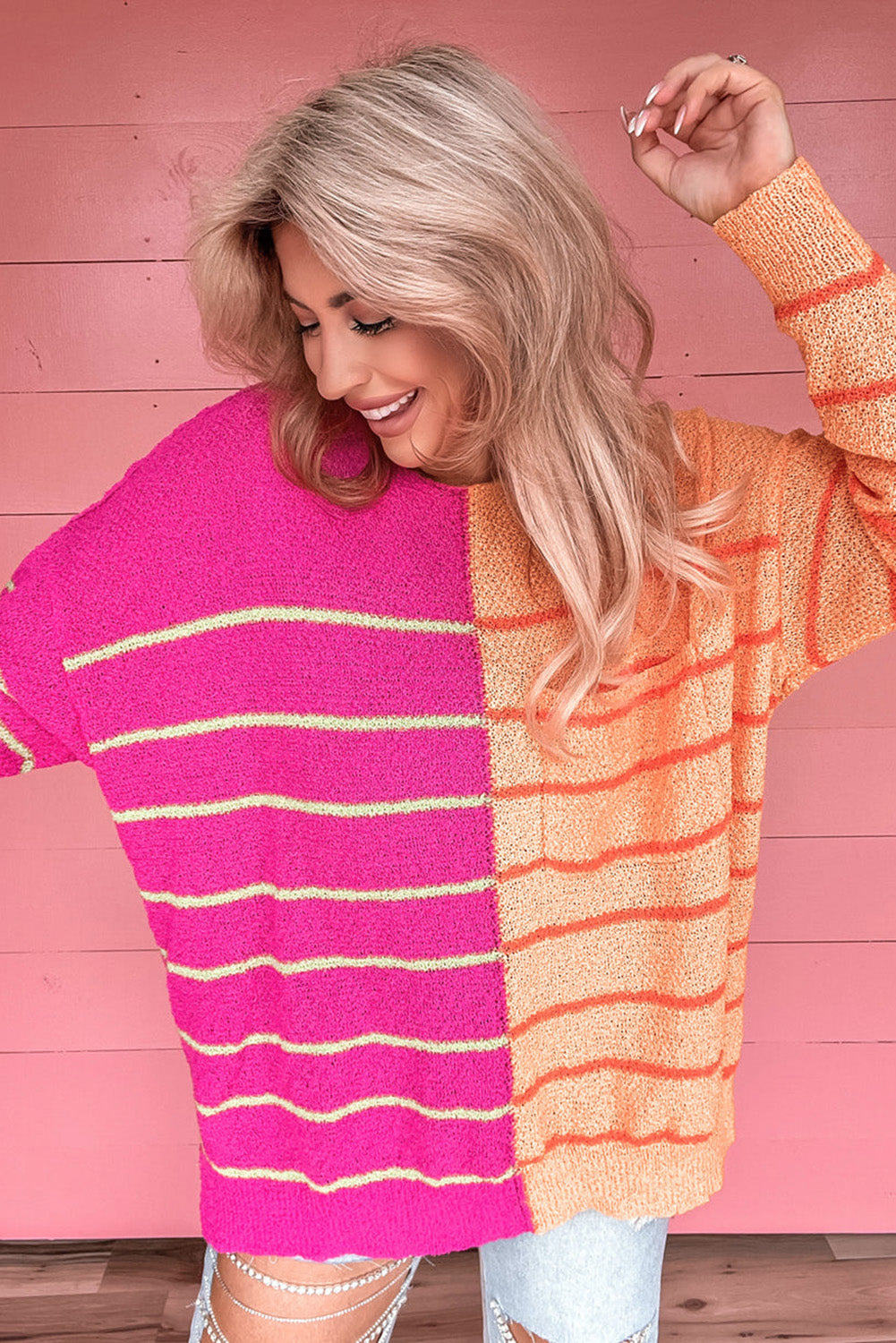 - Multicolour Striped Color Block Loose Fit Knit Sweater - womens sweater at TFC&H Co.