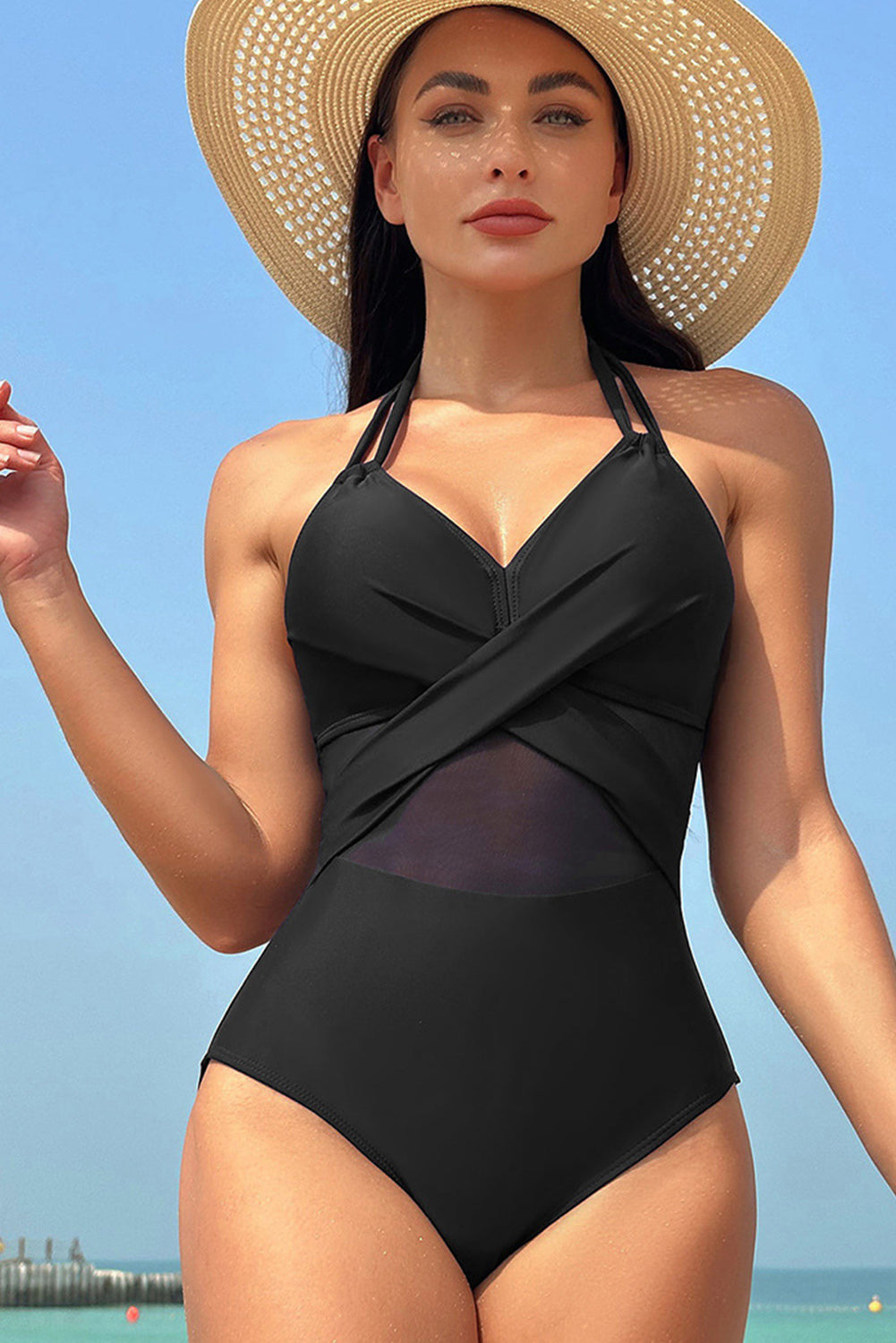 - Black Halter Mesh Cross Front One-Piece Swimsuit - womens one piece swimsuit at TFC&H Co.