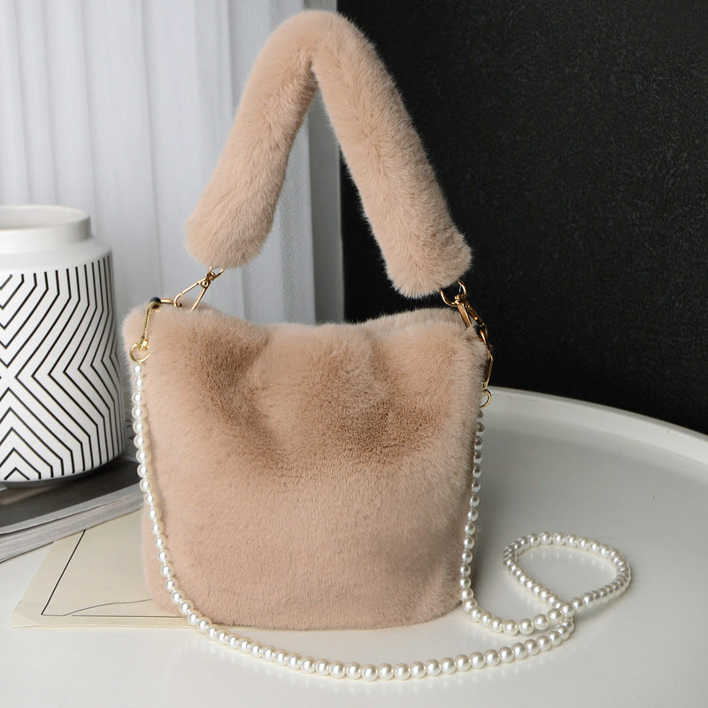 Khaki - Checkerboard Plush Bucket Bag With Pearl Chain - handbags at TFC&H Co.