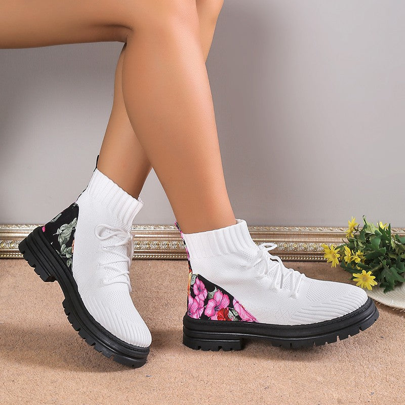 White - Floral Print Knitted Mesh Sock Boots - womens boot at TFC&H Co.