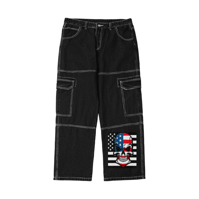 - Skull Flag (Black)Streetwear Unisex Pockets Wide-Legged Straight Cut Denim Jeans - mens jeans at TFC&H Co.