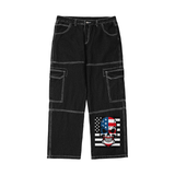 BLACK - Skull Flag (Black)Streetwear Unisex Pockets Wide-Legged Straight Cut Denim Jeans - mens jeans at TFC&H Co.