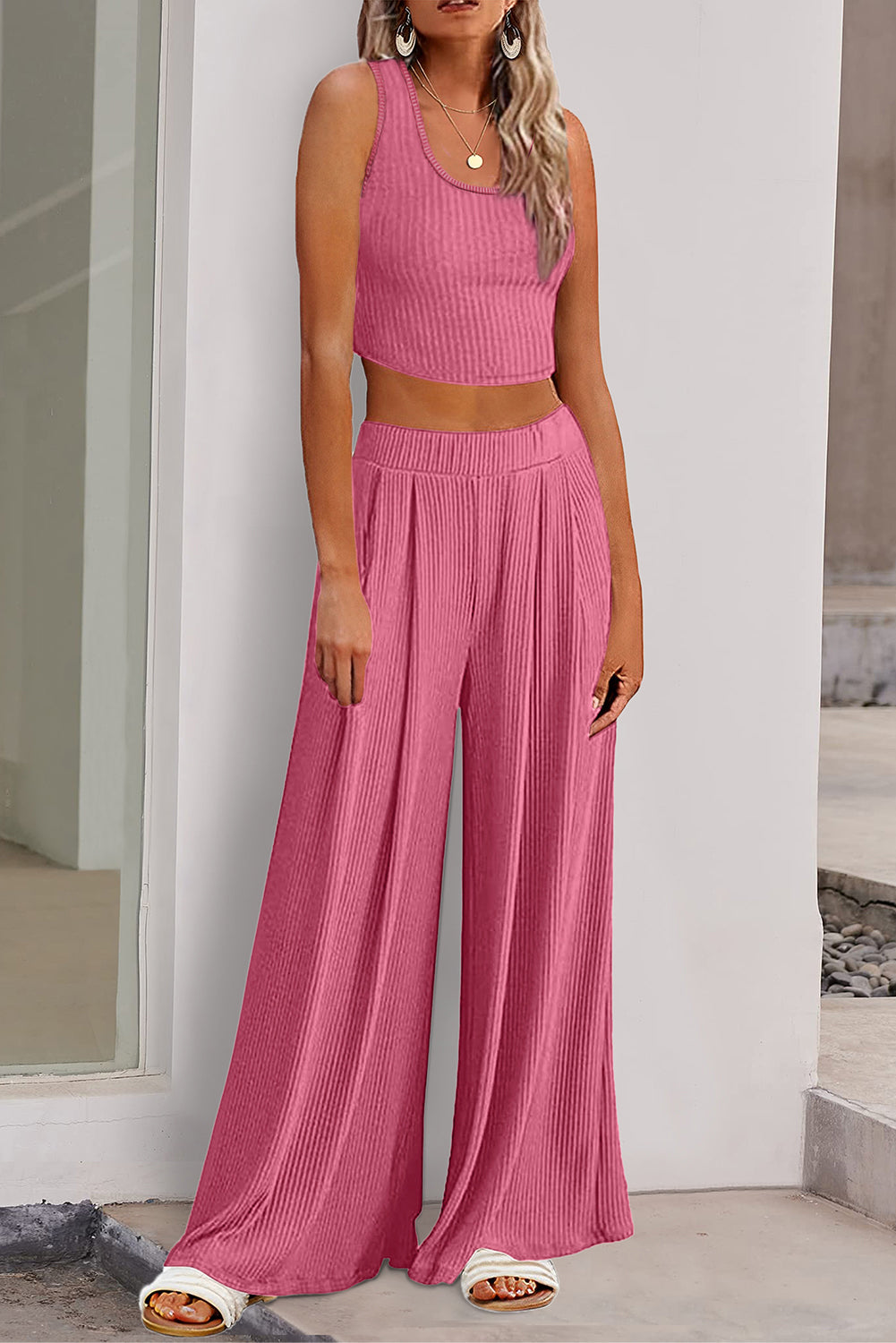 Pink 93%Viscose+7%Elastane - Women's Textured Pink Crop Top and Wide Leg Pants Outfit Set - womens crop top & pants set at TFC&H Co.