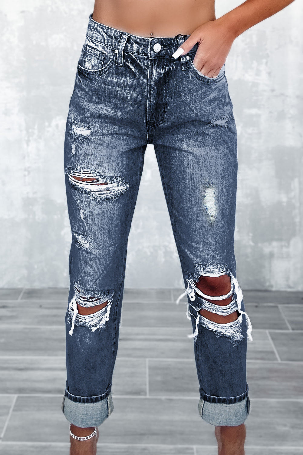 Navy Blue 93%Cotton+5%polyester+2%Elastane - Sky Blue Light Wash Frayed Slim Fit High Waist Jeans - women's jeans at TFC&H Co.