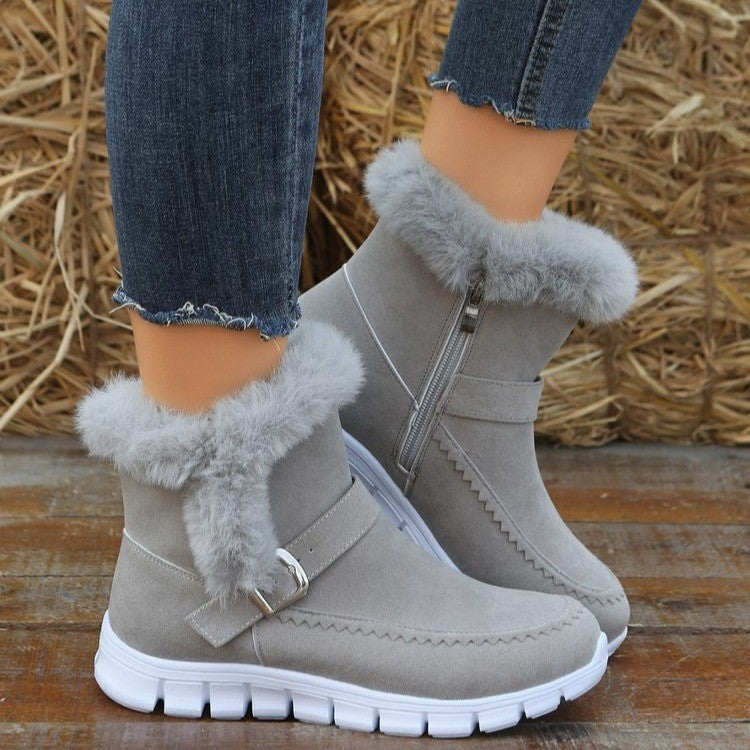 Grey - Winter Warm Thickened Solid Color Plush Women's Ankle Boots With Buckle - 4 colors - womens boots at TFC&H Co.