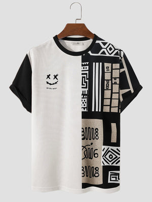 White S - Smile Print Patchwork T-shirts - Mens T-Shirts at TFC&H Co.