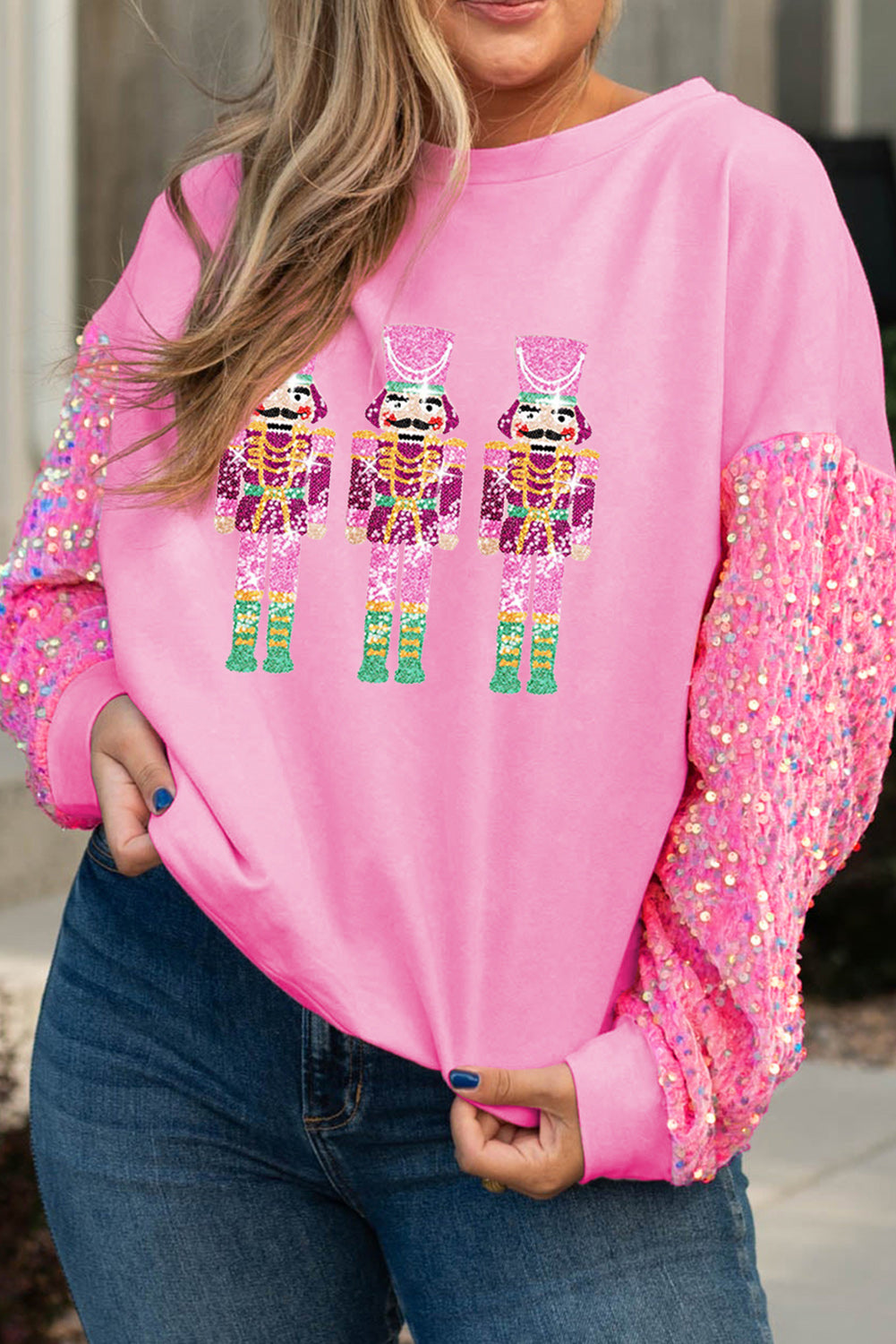 Pink 65%Polyester+35%Cotton - Voluptuous (+) Plus Size Pink Sequin Sleeves Nutcracker Graphic Christmas Sweatshirt - womens sweatshirt at TFC&H Co.
