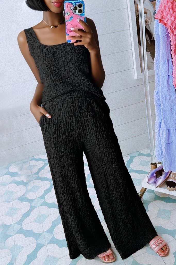 Black - Women's Crinkled U Neck Tank and Wide Leg Pants Outfit Set - Womens Pants Sets at TFC&H Co.