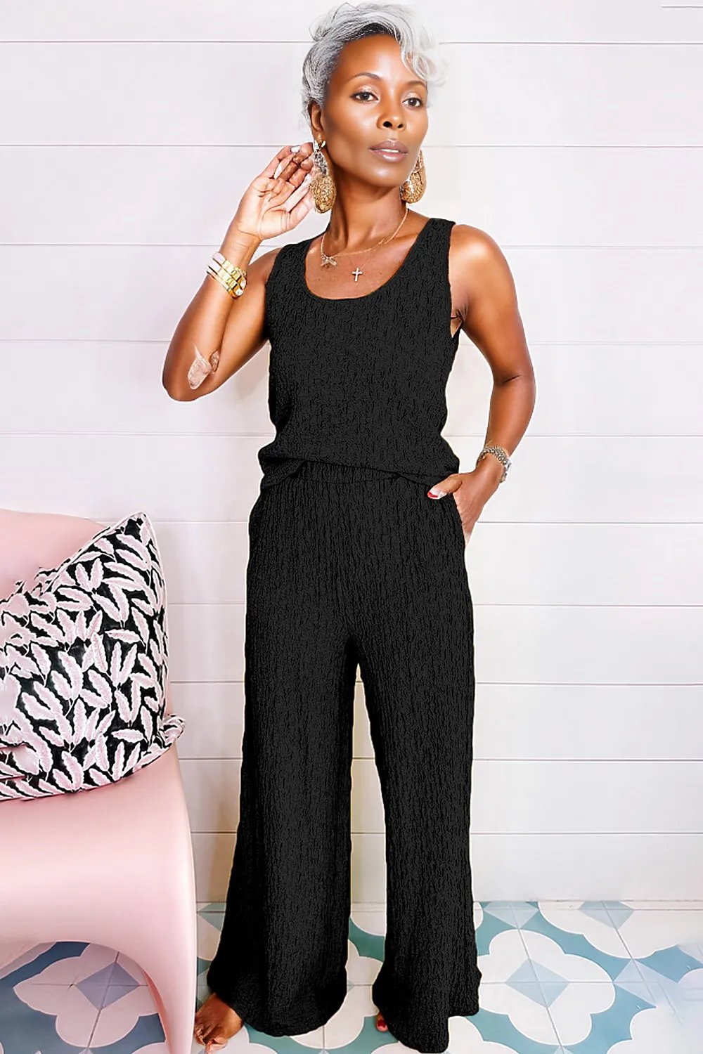 - Women's Crinkled U Neck Tank and Wide Leg Pants Outfit Set - Womens Pants Sets at TFC&H Co.