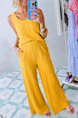Yellow - Women's Crinkled U Neck Tank and Wide Leg Pants Outfit Set - Womens Pants Sets at TFC&H Co.