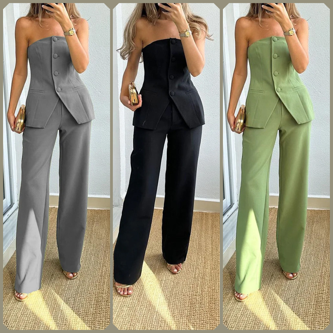 - Casual Fashion Tailored Button Tube Top Suit Pants Outfit Set - womens pant set at TFC&H Co.