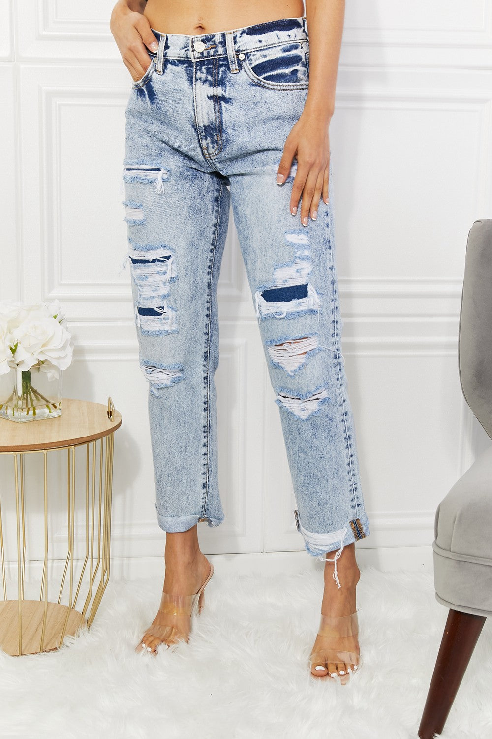 LIGHT - Kancan Kendra High Rise Distressed Straight Jeans - Ships from The US - womens jeans at TFC&H Co.